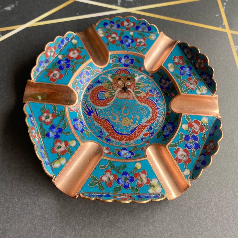 Antique Chinese Cloisonné Ashtray - Dragon, Copper